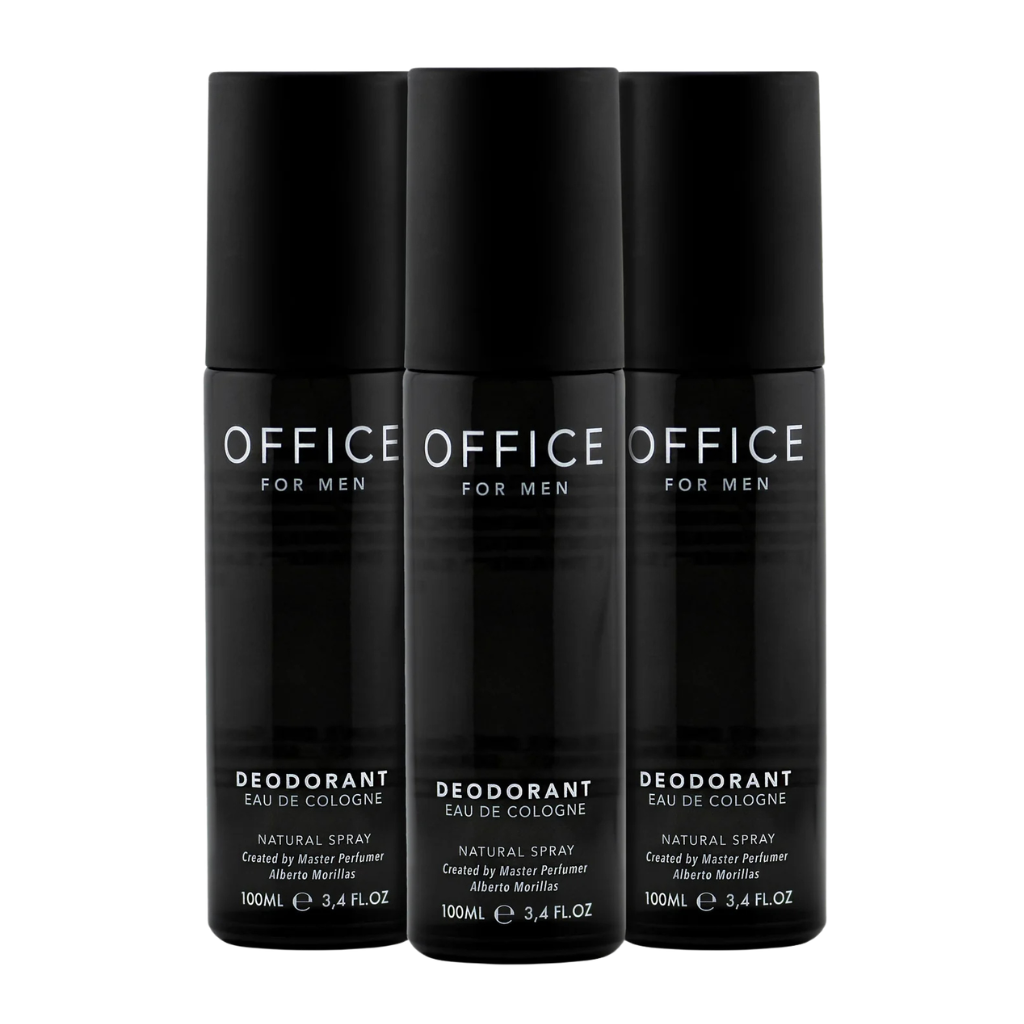 Three black spray bottles of Office For Men Deodorant with clean, modern packaging on a white background